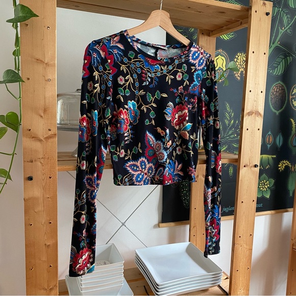 Alice + Olivia Delaina Colorful Floral Long Sleeve Crop Top XS - Picture 7 of 15